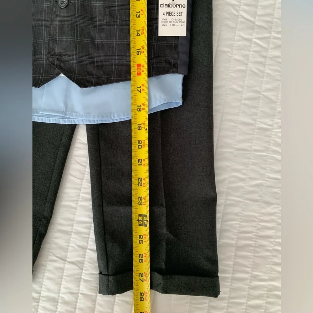 NWT Claiborne Suit Set Boys Size 6R Blue Gray 4 PC Vest Shirt Pants Clip On Tie